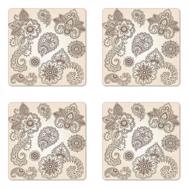 Set of 6 Square Wood Drink Coasters with Holder for Tabletop Protection in Rustic Farmhouse White Floral Print 